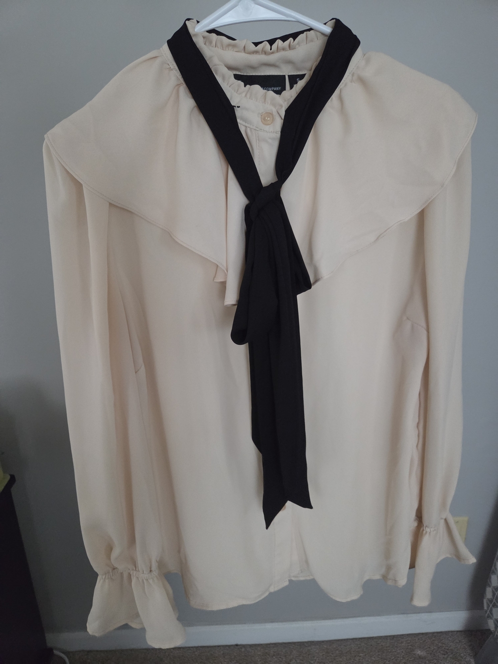 New York & Company Cream Blouse with Black Neck Tie